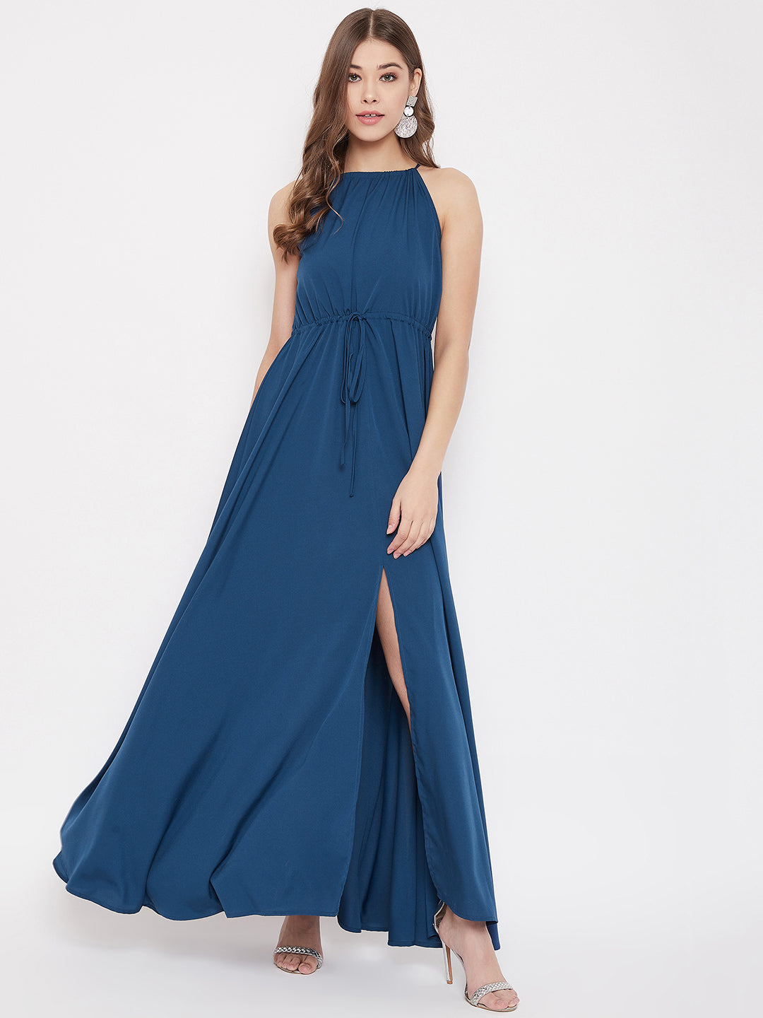 Solid Blue Halter Neck Tie-Up Maxi Dress